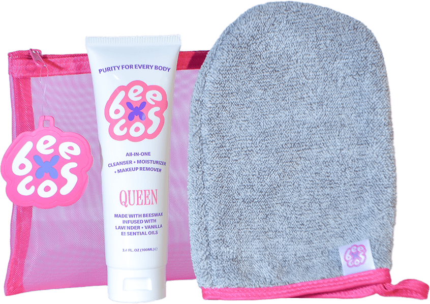 image of beecos all-in-one cleanser + moisturizer makeup remover, mitt and mesh bag